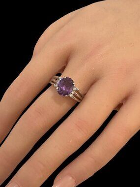 Sterling Silver Amethyst & Clear Gemstone Ring Oval Cut Size 8.5